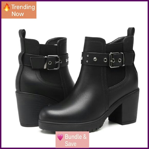 Women's Chunky Heel Ankle Boots Slip-On Platform Booties Size 8 - Picture 4 of 7